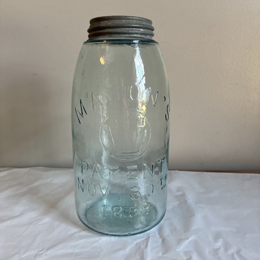 Vintage Mason's Keystone Half Gallon Jar - Patent Nov. 30th. 1858 Aqua